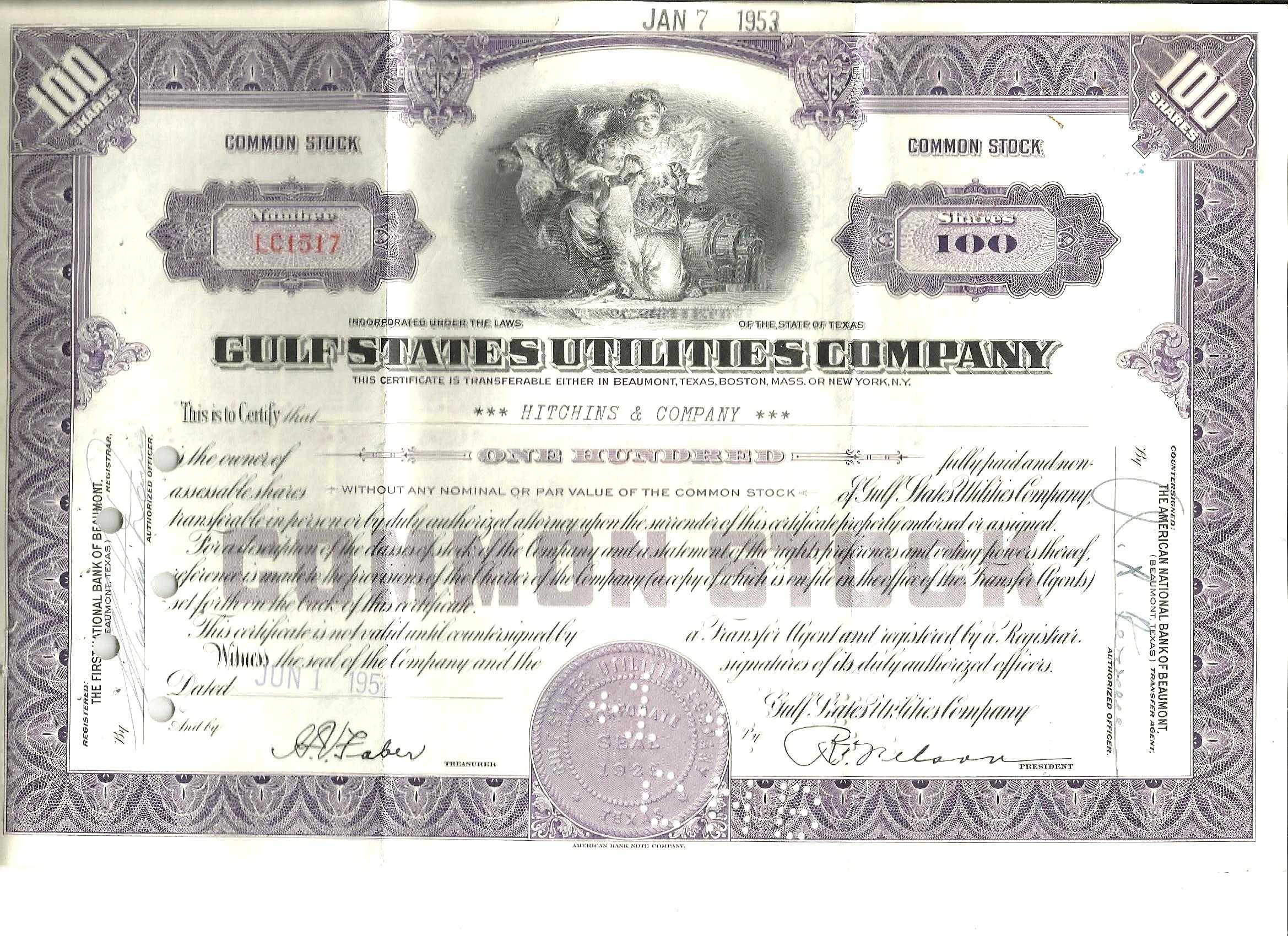 100 Shares Gulf States Utility Company Stock Certificate For Sale ...