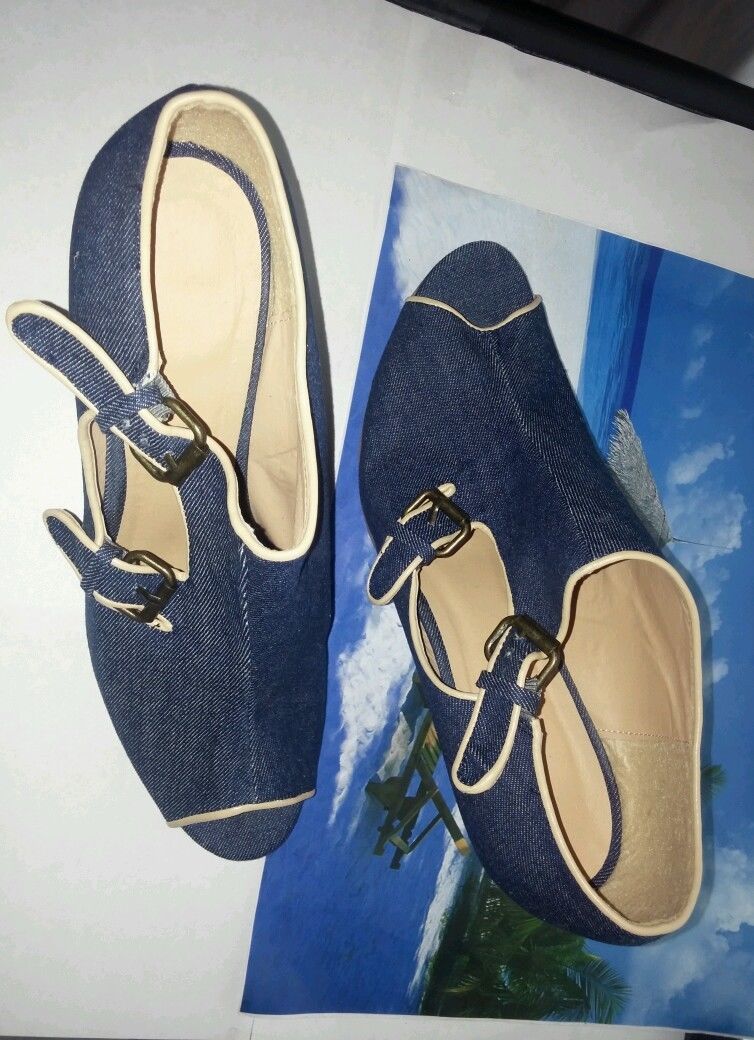 BEAUTIFUL HANDMADE WOMEN&#39;S BLUE JEANS FABRIC HIGH HEEL SHOES US SIZE 10 For Sale - Item #1481176