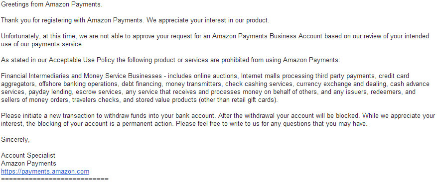 Amazon Payments - Marketplace Banned Account Letter